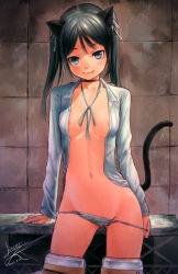  1girl areola_slip black_hair blue_eyes blush breasts face fang francesca_lucchini lasterk long_hair no_bra open_clothes open_shirt panties panty_pull pulled_by_self shirt small_breasts solo strike_witches striped_clothes striped_panties tail twintails underwear white_shirt world_witches_series  rating:Questionable score:135 user:danbooru