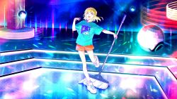  1girl :d absurdres akroglam blonde_hair blue_shirt commentary_request dance_floor dancing disco_ball eno_(akroglam) full_body highres holding holding_mop looking_at_viewer mop open_mouth orange_shorts shirt shoes short_hair short_sleeves shorts smile sneakers solo standing standing_on_one_leg t-shirt white_footwear yellow_eyes 