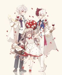  1girl 2boys :d :q ^_^ alcohol arm_up assistia_(merc_storia) bacheally basket black_pants bouquet bow brown_hair cape child closed_eyes cup dress drinking_glass einlehrer_(merc_storia) flower formal full_body gloves hair_flower hair_ornament hand_up head_wreath highres holding holding_basket holding_cup lehreni_(merc_storia) light_smile long_hair merc_storia multicolored_hair multiple_boys necktie open_mouth pants petals red_eyes red_flower red_hair red_necktie red_rose reflection rose shirt shoes short_hair simple_background smile socks split-color_hair standing suit teeth tongue tongue_out two-tone_hair very_long_hair white_cape white_dress white_flower white_gloves white_hair white_pants white_rose white_socks wine wine_glass 