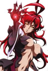  amaha_masane black_sclera breasts cleavage colored_sclera facial_mark large_breasts long_hair navel red_hair stomach witchblade yellow_eyes  rating:Questionable score:41 user:pretty-fly-for-a-hentai