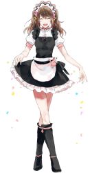 10s 1boy :d ^_^ apron black_footwear boots brown_hair crossdressing closed_eyes frills full_body idolmaster idolmaster_side-m knee_boots crossed_legs maid maid_apron maid_headdress male_focus mizushima_saki open_mouth simple_background smile solo thighs trap twintails urahara waist_apron white_background  rating:Sensitive score:33 user:danbooru