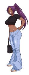  1girl absurdres bag black_bag black_tank_top bleach blue_pants breasts commentary crop_top dark-skinned_female dark_skin denim english_commentary high_ponytail highres holding holding_bag long_hair looking_afar mg991998 midriff navel pants purple_hair shihouin_yoruichi simple_background smile solo standing tank_top white_background yellow_eyes 