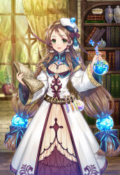  1girl :d age_of_ishtaria belt blush book bookshelf bow brown_belt brown_bow clothing_cutout coat crystal curtains dress flask glint hair_ornament hairband highres holding holding_book holding_flask indoors jewelry liquid long_hair looking_at_viewer low_twintails munlu_(wolupus) official_art open_book open_mouth paracelsus_(age_of_ishtaria) round-bottom_flask smile solo test_tube twintails white_coat wide_sleeves window 
