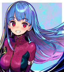  1girl blue_background blue_hair bodysuit breasts clenched_teeth commentary_request highres kula_diamond long_hair looking_at_viewer medium_breasts onono_imoko purple_bodysuit red_eyes smile snk solo teeth the_king_of_fighters upper_body zipper 