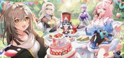  1other 4girls absurdres birthday_cake black_gloves black_hairband black_jacket blue_skirt cake firefly_(honkai:_star_rail) food gloves grey_hair hair_between_eyes hairband halo hand_on_own_chest head_wings highres honkai:_star_rail honkai_(series) index_finger_raised jacket long_hair long_sleeves looking_at_viewer march_7th_(honkai:_star_rail) medium_hair multiple_girls one_eye_closed open_clothes open_jacket open_mouth outdoors partially_fingerless_gloves pink_hair pom-pom_(honkai:_star_rail) robin_(honkai:_star_rail) shirt skirt smile stelle_(honkai:_star_rail) trailblazer_(honkai:_star_rail) white_shirt wings yaoneko yellow_eyes 