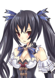 10s 1girl black_hair blue_ribbon blush bow bowtie breasts cleavage detached_sleeves dress female_focus gust long_hair neptune_(series) nippon_ichi noire_(neptunia) red_eyes ribbon sega solo twintails ykkk