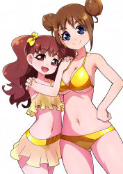  2girls alternate_breast_size arm_around_shoulder bikini bikini_skirt blue_eyes breasts brown_hair cleavage closed_mouth commentary double_bun frilled_bikini frills gluteal_fold hair_bun hair_ribbon halterneck hand_on_own_hip hands_on_another&#039;s_shoulder highres kanie_(precure) long_hair looking_at_viewer medium_breasts multiple_girls navel ookuma_(precure) open_mouth precure red_eyes ribbon ryuuta_(cure_ryuuta) short_hair side-by-side simple_background small_breasts smile standing swimsuit two_side_up white_background wonderful_precure! yellow_bikini yellow_ribbon 