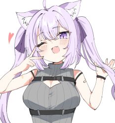  1girl :d \||/ ahoge animal_ear_fluff animal_ears bandaid bandaid_on_arm breasts cat_ears chest_harness chest_strap cleavage cleavage_cutout clothing_cutout dot_nose fang framed_breasts grey_sweater hair_between_eyes hands_up harness hashtag-only_commentary highres holding holding_hair hololive kaito_(kaito921125) large_breasts long_hair looking_at_viewer nekomata_okayu one_eye_closed open_mouth pink_eyes pink_hair simple_background skin_fang sleeveless sleeveless_sweater slit_pupils smile solo sweater twintails underbust upper_body v_over_eye virtual_youtuber white_background 