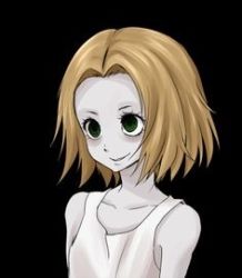  1girl blonde_hair coron_(mad_father) green_eyes lowres mad_father pale_skin smile solo tank_top  rating:Sensitive score:2 user:Navarone957