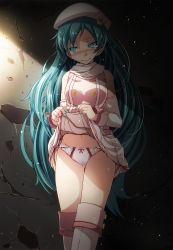 1girl absurdres aqua_eyes aqua_hair aqua_nails bare_shoulders bell beret blush bow breasts buttons cameltoe clothes_lift crack cracked_wall crying crying_with_eyes_open detached_sleeves double-breasted female_focus frilled_panties frills frown gluteal_fold hair_bell hair_ornament hat hatsune_miku highres indoors jingle_bell lifted_by_self light_particles long_hair long_sleeves looking_away looking_down medium_breasts nail_polish navel nose_blush panties pink_bow pink_shirt project_diva_(series) scarf shirt skirt skirt_lift solo standing sunlight tears thighhighs thighs tsukishiro_saika underwear upskirt v-shaped_eyebrows very_long_hair vocaloid white_hat white_panties white_scarf white_thighhighs wrist_cuffs rating:Questionable score:40 user:danbooru