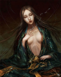  1girl breasts brown_hair bug cleavage japanese_clothes kimono lips long_hair open_clothes open_kimono original realistic silk smoking solo spider spider_web tomoe_(artist) traditional_youkai 