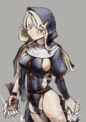  arm_ribbon belt black_dress breasts brown_belt cleft_of_venus closed_mouth cowboy_shot dress grey_dress grey_eyes habit holding holding_weapon juliet_sleeves large_breasts long_sleeves looking_at_viewer musen-shiki_sanhankikan nipple_slip nipples no_panties original pointy_breasts puffy_sleeves pussy ribbon sideways_glance simple_background symbol-shaped_pupils thighhighs torn_clothes torn_dress veil waist_ribbon weapon white_hair white_thighhighs wrist_ribbon 