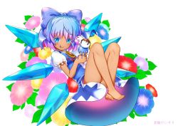 1girl artist_name barefoot blue_bow blue_eyes blue_hair blush bow cirno closed_mouth colored_eyelashes food full_body hair_bow hidden_star_in_four_seasons ice ice_cream ice_cream_cone ice_wings looking_at_viewer multicolored_hair puffy_short_sleeves puffy_sleeves purple_hair short_hair short_sleeves smile solo tan tanned_cirno tansan_daisuki touhou two-tone_hair wings rating:Sensitive score:7 user:danbooru