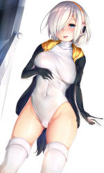  10s 1girl :d absurdres alternate_costume arm_at_side bird_tail black_gloves black_jacket blue_eyes blush breast_lift breasts cameltoe cosplay covered_navel cowboy_shot drawstring dutch_angle emperor_penguin_(kemono_friends) emperor_penguin_(kemono_friends)_(cosplay) eyes_visible_through_hair gloves groin hair_ornament hair_over_one_eye hairclip hamakaze_(kancolle) headphones highleg highleg_leotard highres jacket kantai_collection kemono_friends kemonomimi_mode large_breasts leotard looking_at_viewer mirror nironiro open_clothes open_jacket open_mouth shiny_skin short_hair silver_hair simple_background skin_tight smile solo tail thighhighs unaligned_breasts v white_background white_leotard white_thighhighs  rating:Questionable score:72 user:danbooru