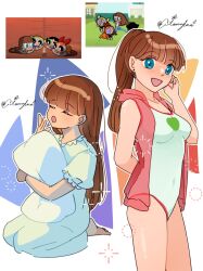  1girl aged_up aitommylove blossom_(ppg) blue_eyes brown_hair bubbles_(ppg) buttercup_(ppg) highres jacket long_hair open_mouth pajamas pillow ponytail powerpuff_girls red_jacket robin_snyder_(ppg) smile swimsuit white_pajamas yawning  rating:Sensitive score:6 user:danbooru