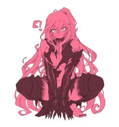 1girl ? abyssal_ship aircraft_carrier_princess armor armored_boots boots breasts breasts_squeezed_together claws closed_mouth colored_extremities colored_skin hair_between_eyes highres kantai_collection large_breasts long_hair looking_at_viewer monochrome multicolored_skin one_side_up oso_(toolate) pink_theme sailor_collar school_uniform serafuku simple_background skirt sleeveless solo squatting thigh_boots torn_clothes torn_footwear very_long_hair