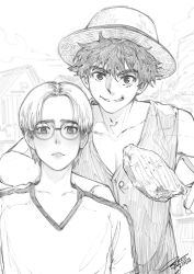  2boys absurdres arm_on_another&#039;s_shoulder commentary dated fkscrashing food frown glasses hat hatching_(texture) highres holding holding_food koby_(one_piece) male_focus monkey_d._luffy multiple_boys one_piece one_piece_(live_action) shirt signature smile steam sun_hat t-shirt v-neck vest 