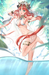  1girl :d absurdres adapted_costume aqua_eyes arm_up bare_arms bare_legs bare_shoulders barefoot blue_gemstone blurry blurry_foreground bracer breasts brooch circlet dancer dancing fake_horns feet floating_hair foot_out_of_frame gem genshin_impact happy harem_outfit highres horns itijo_sibuki jewelry leg_up legs long_hair long_legs looking_at_viewer medium_breasts navel neck_ring nilou_(genshin_impact) no_detached_sleeves open_mouth palm_leaf panties parted_bangs partially_underwater_shot red_hair see-through smile soles solo standing standing_on_one_leg stomach string_panties thighlet thighs toes underwear veil very_long_hair wading water wet white_headwear white_panties  rating:Sensitive score:30 user:danbooru
