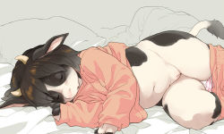  1girl animal_ears bed_sheet black_hair cleft_of_venus closed_eyes clothes_pull colored_skin copyright_request cow cow_ears cow_girl cow_horns cow_tail facing_viewer furry furry_female hooves horns kikurage_(crayon_arts) long_sleeves lying multicolored_skin on_bed on_side open_mouth pajamas panties pants pants_pull panty_pull pantyshot pussy short_hair simple_background sleeping sleeves_past_wrists solo striped_clothes striped_panties sweater tail two-tone_skin underwear  rating:Explicit score:145 user:KemonoLover96