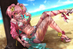  1girl against_tree ankle_lace-up artist_name bare_shoulders beach belt bikini breasts chain commentary_request cropped_jacket cross-laced_footwear eyes_visible_through_hair fingerless_gloves flower full_body gloves grin hair_between_eyes hair_flower hair_ornament high_heels idolmaster idolmaster_cinderella_girls jacket jougasaki_mika looking_at_viewer medium_breasts navel off_shoulder one_eye_closed open_clothes open_jacket pink_footwear pink_gloves pink_hair print_bikini ray-k sand shoes single_glove sitting smile solo stomach swimsuit teeth tree twintails v wings yellow_eyes 