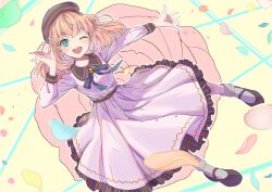  1girl ;d \||/ aqua_eyes belt beret black_belt black_footwear blue_petals blue_ribbon blush brown_hat coat_dress commentary_request crossed_bangs dream_believers_(love_live!) dress dutch_angle falling_petals flats floating floating_hair frilled_dress frills full_body green_petals grey_socks hair_ornament hand_up hat highres hinoshita_kaho idol_clothes link!_like!_love_live! long_sleeves looking_at_viewer love_live! mary_janes medium_hair neck_ribbon one_eye_closed open_mouth orange_hair orange_petals outline outstretched_arm petals pink_dress pink_petals rabbit_hair_ornament ribbon shoes sketch sleeve_cuffs smile socks solo teeth two_side_up upper_teeth_only virtual_youtuber white_outline yellow_background yellow_petals yugayugalegato 