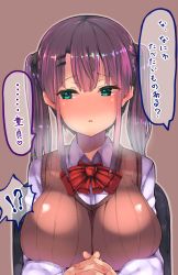 1girl aqua_eyes atsutoku blush breasts brown_background hair_ornament heart heart-shaped_pupils highres large_breasts long_hair original purple_hair school_uniform simple_background solo sweater_vest symbol-shaped_pupils translated twintails rating:Sensitive score:17 user:danbooru
