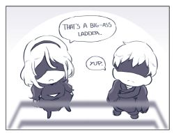  1boy 1girl android artist_request black_blindfold black_dress black_hairband blindfold cleavage_cutout clothing_cutout dress gloves hairband juliet_sleeves long_sleeves nier nier_(series) nier:automata puffy_sleeves robot short_hair tagme white_hair 2b_(nier:automata) 9s_(nier:automata)  rating:Questionable score:6 user:Anon_Perv