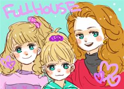  3girls animification aqua_eyes bad_id bad_pixiv_id blush dj_tanner earrings full_house jewelry long_hair michelle_tanner multiple_girls open_mouth ponytail side_ponytail smile stephanie_tanner 