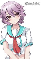  1girl aqua_sailor_collar brown_eyes highres kantai_collection kurano_kisuke looking_at_viewer neckerchief one-hour_drawing_challenge purple_hair red_neckerchief sailor_collar school_uniform serafuku shirt short_hair simple_background solo tama_(kancolle) twitter_username upper_body white_background white_shirt 