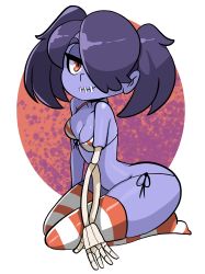  1girl ass bigdead bikini blue_skin colored_skin hair_over_one_eye highres panties purple_hair skullgirls squigly_(skullgirls) stitched_mouth stitches string_panties striped_bikini striped_clothes striped_thighhighs swimsuit thighhighs underwear zombie  rating:Questionable score:32 user:doej79811