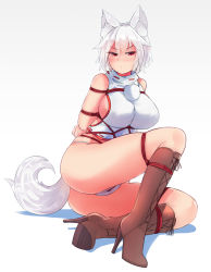 &gt;:/ 1girl :/ animal_ears arms_behind_back ass bare_shoulders bdsm blush bondage boots bound breasts closed_mouth commentary cross-laced_footwear ehrrr full_body hair_between_eyes half-closed_eyes hat high_heel_boots high_heels highres inubashiri_momiji knee_boots knee_up lace-up_boots large_breasts looking_at_viewer multiple_girls no_pants panties pom_pom_(clothes) red_eyes restrained rope shibari shirt shoe_soles short_hair sideboob sitting sleeveless sleeveless_shirt solo tail thighs tokin_hat touhou underwear v-shaped_eyebrows white_hair white_shirt wolf_ears wolf_tail rating:Questionable score:43 user:danbooru