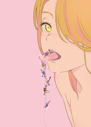 1girl blonde_hair freckles hair_over_one_eye highres kayak long_hair looking_at_viewer mebae open_mouth original pink_background saliva simple_background surreal tongue tongue_out yellow_eyes rating:Sensitive score:46 user:danbooru