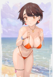  1girl beach bikini breasts brown_eyes brown_hair covered_erect_nipples creatures_(company) day earrings game_freak highleg highleg_swimsuit highres jewelry large_breasts looking_at_viewer navel necklace nintendo orange_bikini outdoors parted_lips pokemon pokemon_oras short_hair solo swimsuit thigh_strap untied_bikini yugen99 zinnia_(pokemon) 