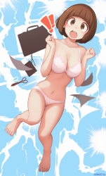  1girl absurdres artist_name bad_id bad_pixiv_id barefoot blunt_bangs blush bob_cut bra breasts brown_eyes brown_hair cleavage clenched_hands collarbone commentary full_body hands_up highres kill_la_kill looking_at_viewer mankanshoku_mako medium_breasts navel once_11h open_mouth panties paper round_teeth scissors short_hair solo suitcase symbol-only_commentary teeth underwear underwear_only upper_teeth_only white_bra white_panties  rating:Sensitive score:97 user:danbooru
