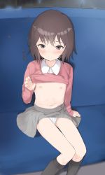 1girl black_socks blush boku_dake_ga_inai_machi brown_hair closed_mouth clothes_lift collared_shirt commentary_request couch dress_shirt feet_out_of_frame female_focus flat_chest grey_eyes grey_skirt hair_between_eyes highres hinazuki_kayo kneehighs lifted_by_self loli long_sleeves looking_at_viewer navel nipples on_couch panties pink_sweater pleated_skirt ripu_(lipi) shirt shirt_lift short_hair sitting skirt skirt_lift sleeves_past_wrists socks solo sweater sweater_lift underwear white_panties white_shirt rating:Questionable score:290 user:danbooru