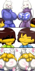  2boys 2girls absurdres all_fours animal_ears ass blush breasts brown_hair closed_eyes colored_skin enigi09 frisk_(undertale) heart highres horns huge_ass huge_breasts kris_(deltarune) looking_at_viewer lying mating_press mature_female medium_hair mother_and_son multiple_boys multiple_girls on_person open_mouth sex sex_from_behind size_difference speech_bubble tail testicles toriel undertale white_skin yellow_skin  rating:Explicit score:33 user:xAkira