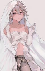 1boy bridal_veil bulge commentary_request corrin_(fire_emblem) corrin_(male)_(fire_emblem) corrin_(male)_(fire_emblem) cowboy_shot crossdressing dress elbow_gloves eyelashes fire_emblem fire_emblem_fates gloves grey_background hair_between_eyes hands_up highres looking_at_viewer male_focus medium_hair nintendo pantyhose parted_lips pink_eyes sidelocks silver_hair simple_background smile solo strapless strapless_dress trap veil w_(1999_kyu) rating:Questionable score:92 user:danbooru