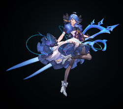 1girl absurdres ahoge asdyindsa black_bow black_dress blue_hair bow breasts brown_pantyhose dress drill_hair foot_up gloves gradient_background grey_dress gwen_(league_of_legends) hair_bow high_heels highres holding holding_scissors holding_sewing_needle league_of_legends long_hair looking_at_viewer medium_breasts pantyhose puffy_short_sleeves puffy_sleeves purple_gloves scissors short_sleeves smile solo striped_clothes striped_pantyhose swept_bangs twin_drills twintails white_footwear rating:Sensitive score:4 user:danbooru