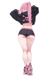  1girl absurdres ass back bare_legs bluefield breasts facing_away full_body highres hololive hololive_english long_hair mori_calliope pink_hair ponytail shoes short_shorts shorts simple_background skull_and_crossbones sneakers solo underbutt virtual_youtuber white_background 