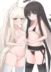  2girls @_@ absurdres animal_ear_fluff animal_ears areola_slip arknights bikini black_bikini black_hair black_halo black_thighhighs blonde_hair blunt_bangs blush breasts bright_pupils brown_eyes cameltoe closed_mouth collarbone commentary_request covered_erect_nipples cowboy_shot embarrassed eyes_visible_through_hair fingernails flying_sweatdrops garter_belt grey_eyes halo hand_on_another&#039;s_back highres hime_cut holding_hands horse_ears horse_girl horse_tail interlocked_fingers lace_trim long_hair looking_at_viewer micro_bikini mole mole_under_eye multiple_girls navel nervous_sweating platinum_(arknights) sidelocks simple_background small_breasts smile standing sweat swimsuit tail thighhighs very_long_hair virtuosa_(arknights) white_background white_bikini white_pupils white_thighhighs yellow_tail yuuko_(oruta) 