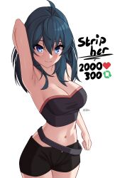  1girl absurdres ahoge arm_up armpits bare_arms bare_shoulders belt black_belt black_shorts blue_eyes blue_hair blush breasts byleth_(female)_(fire_emblem) byleth_(fire_emblem) cleavage commentary cowboy_shot fire_emblem fire_emblem:_three_houses highres like_and_retweet long_hair looking_at_viewer medium_breasts meme midriff navel nintendo short_shorts shorts simple_background solo standing stomach strapless tube_top twitter_strip_game_(meme) white_background x_xith_x 