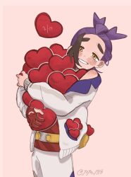  1boy black_hair blush creatures_(company) game_freak gloves grin heart highres holding jacket kieran_(pokemon) long_sleeves looking_at_viewer male_focus multicolored_hair nintendo off_shoulder open_clothes open_jacket orange_eyes partially_fingerless_gloves pink_background pokemon pokemon_sv purple_hair red_gloves shorts simple_background single_glove smile solo twitter_username valentine white_shorts yoya_1713  rating:General score:2 user:danbooru