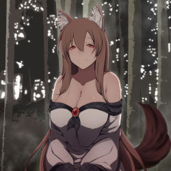  1girl animal_ears bamboo bamboo_forest bare_shoulders breasts brooch brown_hair cleavage forest half-closed_eyes imaizumi_kagerou jewelry large_breasts long_hair nature off_shoulder otoufu_(wddkq314band) red_eyes solo tail touhou very_long_hair wolf_ears wolf_tail  rating:Sensitive score:17 user:danbooru