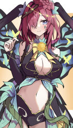  1girl absurdres animal_ears bare_shoulders blue_eyes breasts bug butterfly butterfly_on_hand cleavage cleavage_cutout closed_mouth clothing_cutout commission detached_sleeves facial_mark fairy fairy_wings fake_animal_ears fire_emblem fire_emblem_heroes flower hair_flower hair_ornament hair_over_one_eye hair_vines highres insect looking_at_viewer medium_hair navel nintendo official_alternate_costume pixiv_commission plant rabbit_ears red_hair smile thorns touko_(toko12_tooko) triandra_(fire_emblem) triandra_(spring)_(fire_emblem) vines wings 