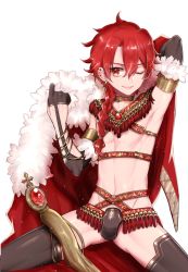 1boy ;) alexander_(fate) androgynous bracelet braid cape fate/grand_order fate_(series) jewelry lips long_hair looking_at_viewer male_focus morino_bambi navel one_eye_closed red_eyes red_hair smile solo toned toned_male tongue trap rating:Questionable score:46 user:danbooru