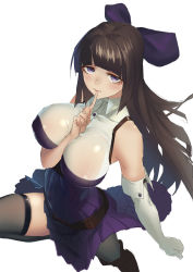 1girl arm_between_breasts bare_shoulders between_breasts black_thighhighs bow breasts brown_hair covered_erect_nipples dress elbow_gloves finger_to_mouth from_above gloves hair_bow highres large_breasts leg_up liyou-ryon long_hair looking_at_viewer original pleated_dress purple_dress purple_eyes solo thighhighs very_long_hair white_gloves rating:Sensitive score:16 user:danbooru