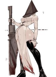  1girl bare_hips bare_shoulders blood_on_clothes blood_on_hands boots breasts genderswap genderswap_(mtf) gloves highres large_breasts long_boots pale_skin pyramid_head sideboob silent_hill sword thick_thighs thighs usa37107692 weapon white_gloves wide_hips 