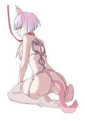  1girl anal_tail animal_ear_hairband animal_ears ass back bigroll blush bra butt_plug cat_ear_hairband cat_ears closed_mouth clothing_aside collar cyberpunk_(series) cyberpunk_edgerunners fake_animal_ears fake_tail fishnet_thighhighs fishnets from_behind full_body garter_belt grey_eyes hairband highres kneehighs leash looking_at_viewer lucy_(cyberpunk) multicolored_hair panties panties_aside pink_bra pink_garter_belt pink_hair pink_hairband pink_panties pussy rainbow_hair red_lips sex_toy simple_background socks solo tail thighhighs underwear white_background 