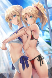  2girls ahoge artoria_pendragon_(all) artoria_pendragon_(fate) bare_shoulders bikini blonde_hair blue_ribbon blue_sky blush braid breasts choker closed_mouth commentary_request criss-cross_halter expressionless fate/apocrypha fate/grand_order fate/stay_night fate_(series) french_braid green_eyes hair_bun hair_ribbon halterneck highres long_hair looking_at_viewer mordred_(fate) mordred_(fate/apocrypha) mother_and_daughter multiple_girls navel parted_bangs ponytail ribbon saber_(fate) side-tie_bikini_bottom sidelocks sky small_breasts stomach swimsuit tonee  rating:Sensitive score:77 user:danbooru
