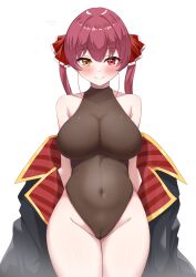  1girl absurdres arms_behind_back blush breasts brown_leotard cameltoe cleft_of_venus closed_mouth covered_erect_nipples covered_navel groin hashira_14 heterochromia highres hololive houshou_marine jacket large_breasts leotard looking_at_viewer off_shoulder red_eyes red_hair simple_background smile solo sweat thighs twintails virtual_youtuber white_background wide_hips yellow_eyes  rating:Questionable score:67 user:danbooru